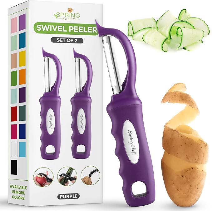 Spring Chef Professional Purple Swivel Potato Peelers for Kitchen, Stainless Steel Veggie Peeler with Soft Grip Handle, Dishwasher Safe, Grate for Peeling Apple, Fruit, Carrot, Cucumber, Purple by SpringChef