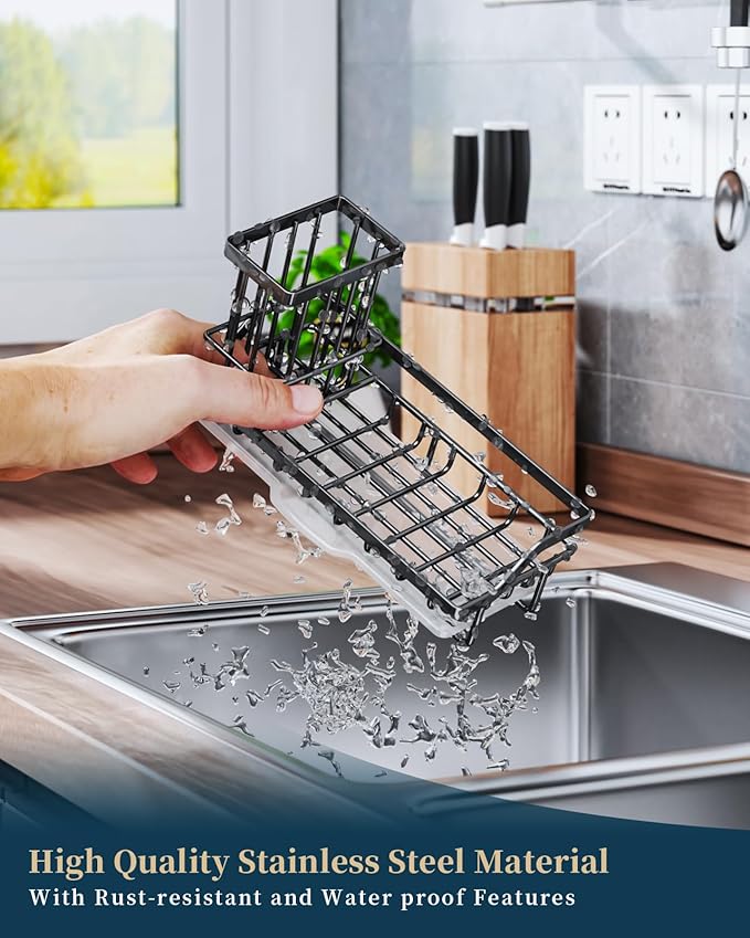Consumest Sponge Holder for Kitchen Sink - Kitchen Sink Caddy Organizer with Removable Drip Tray for Countertop Dish Soap Dispenser Brush Storage Accessories 304 Stainless Steel - Black - Image 5