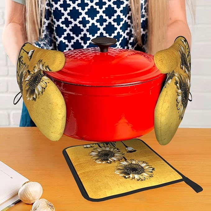 Sunflower Oven Mitts and Pot Holders Sets, Heat Resistant Gold Kitchen Oven Glove for Kitchen BBQ Baking Grilling Cooking, Sunflower Gifts for Women Cooks Bakers Cooking Lover - Image 7