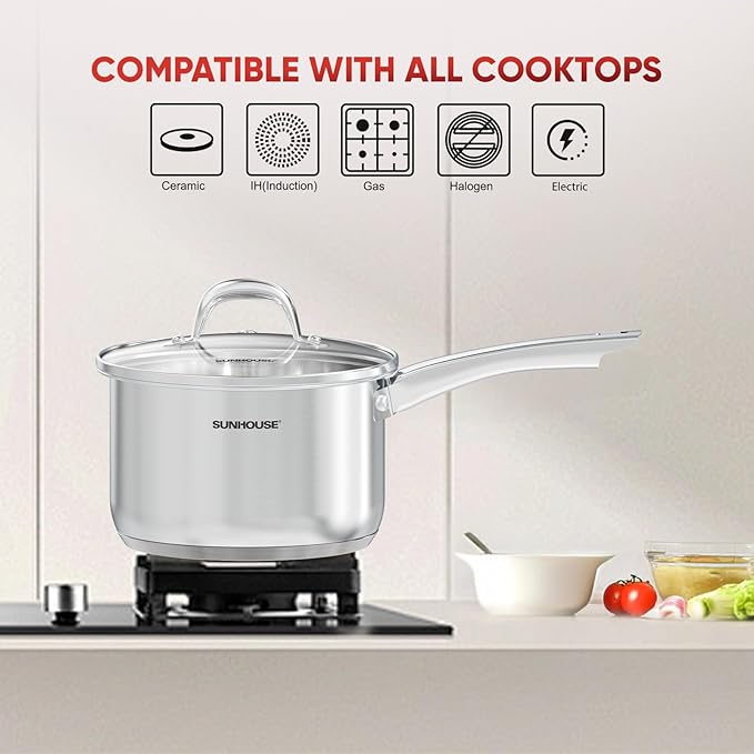 SUNHOUSE – 2 Quarts Stainless Steel Sauce Pan with Lid - PFOA-Free, Stainless Steel Sauce Pan, Advanced Impact Bonding Induction Base, Stay-Cool Handle, Compatible with All Cooktops - Image 5