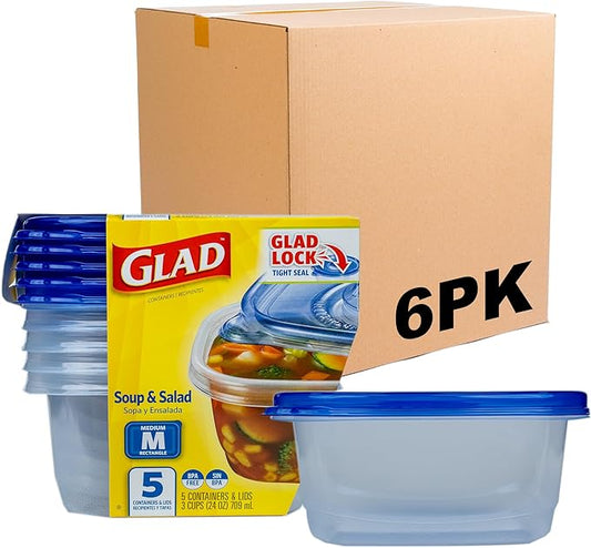 Glad GladWare Medium Rectangle Food Storage Containers with Lids, BPA Free Plastic for Soups Salads and Meal Prep, Airtight Leak Resistant, Microwave Dishwasher Freezer Safe, 24 Oz, 5 Count - 6 Pack by GladTrashFoodStorage