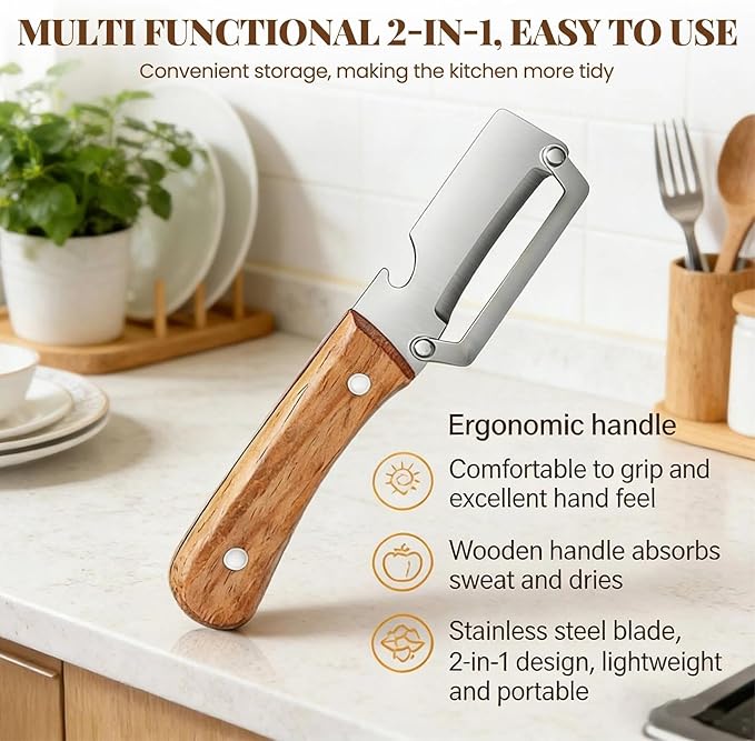 Multifunctional Vegetable Peeler, Premium Vegetable Peeler with Wooden Handle＆bottle Opener, Stainless Steel Blade Peeler for Kitchen, Non-slip Ergonomic Design - Image 5
