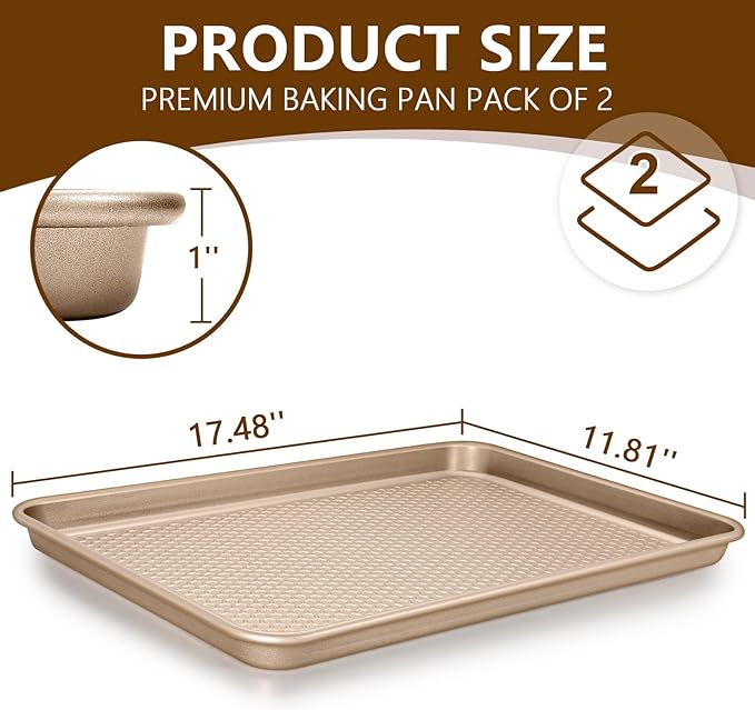 Wildone 2 Pack Half Sheet Baking Pans, Honeycomb Embossed Nonstick Baking Sheet 17.5x12 In, Thicker Carbon Steel Cookie Sheet, Even Heating & Warp Resistant, Champagne Gold - Image 2
