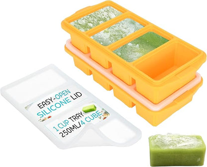 XOMOO Silicone Freezer Tray With Lid - Soup Freezer Container molds - Large Ice Cube Tray- makes 8 perfect 1 cup portions cubes, 2-Pack Freezer Storage Food Soups & Meal Prep - Oven & Dishwasher -Safe