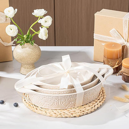 Dafuceramic Casserole Dishes for Oven Sets of 3, Ceramic Oval Baking Dish, Au Gratin Baking Pans with Handles for Roasting, Lasagna, Pie, Baking Meat & Vegetables (Beige White) - Image 7