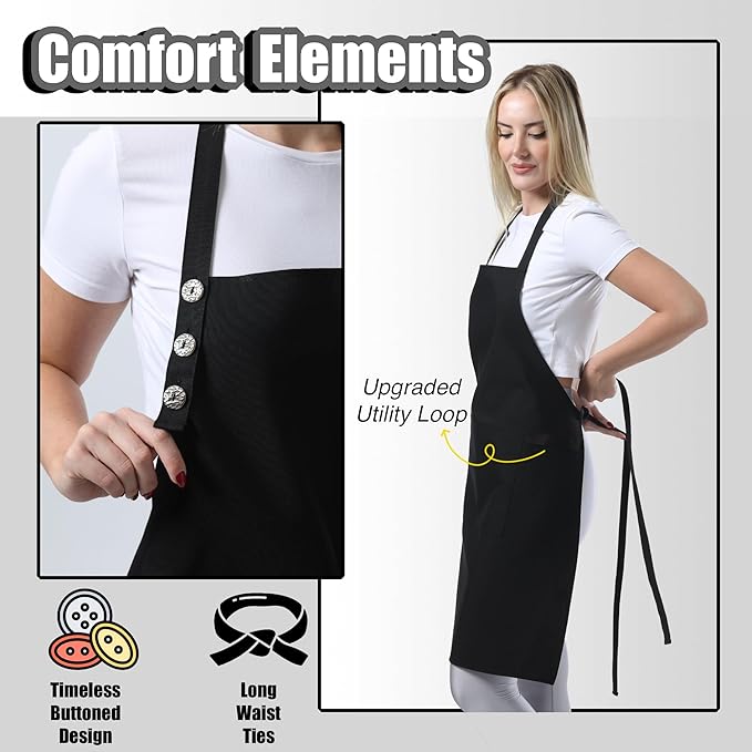 TOSHE Kitchen Apron Waterdrop Resistant Cotton Apron with adjustable Aprons for Women with Pockets Cooking Apron (2 Pack - Black) - Image 6