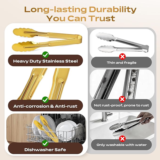 4 Pack Stainless Steel Serving Tongs, 9 Inch Gold Salad Tongs Serving Utensils Buffet Tongs Gold Plated Heavy Duty Reusable Metal Kitchen Clips for Salad, Snack, Barbecue, Catering, Wedding, Party - Image 4
