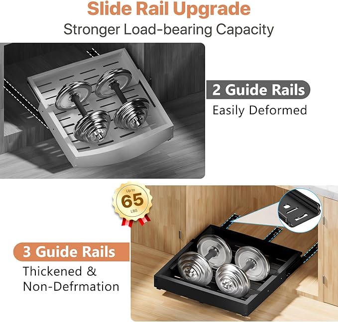 2 Pack Pull out Cabinet Organizer, Width (10"-15") Depth (11"-17"), with 3 Rails Adjustable Slide, Expandable Drawers for Cabinets, No Drill Adhesive Kitchen Drawers for Pantry Shelves black - Image 5