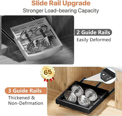 2 Pack Pull out Cabinet Organizer, Width (10"-15") Depth (11"-17"), with 3 Rails Adjustable Slide, Expandable Drawers for Cabinets, No Drill Adhesive Kitchen Drawers for Pantry Shelves black - Image 5