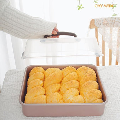 CHEFMADE Roasting Pan with Rack and Lid, 13-Inch Non-Stick Rectangular Deep Dish Oven-BBQ Bakeware for Oven Baking 9" x 13" x 2.4" (Champagne Gold)