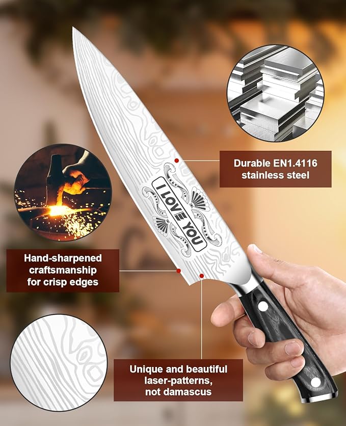 MOSFiATA Gifts for Men Women Christmas, 8" Sharp Kitchen Knife Set with Sheath Professional German EN1.4116 Stainless Steel, Chef Gifts for Best Dad Mom Birthday, Anniversary Xmas Gift Box-I Love You - Image 4