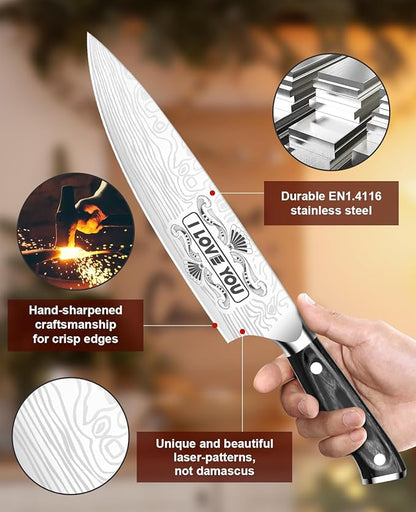 MOSFiATA Gifts for Men Women Christmas, 8" Sharp Kitchen Knife Set with Sheath Professional German EN1.4116 Stainless Steel, Chef Gifts for Best Dad Mom Birthday, Anniversary Xmas Gift Box-I Love You - Image 4