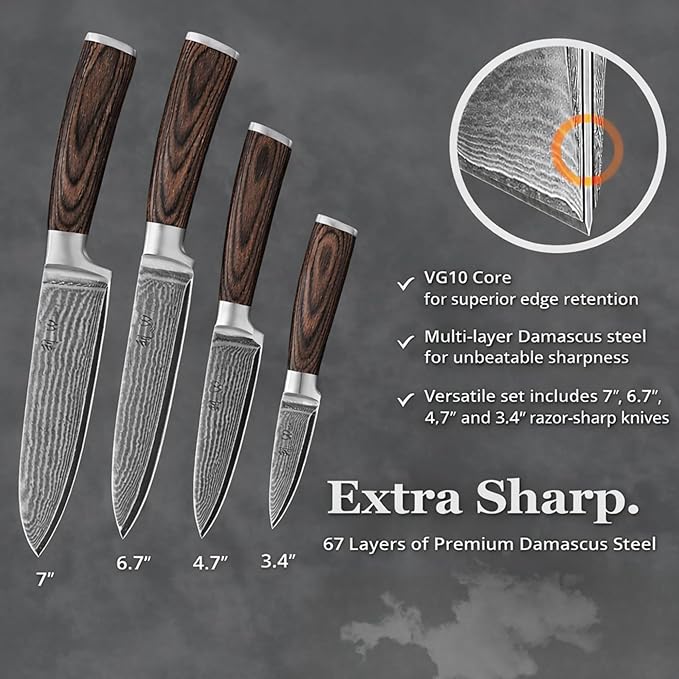 Wakoli EDIB 4-Piece Damascus Knife Set – Professional Kitchen Knife Set, 67-Layer Genuine Damascus Steel, High Carbon Stainless Steel Core (VG10), Ergonomic Pakkawood Handles, In Elegant Gift Box