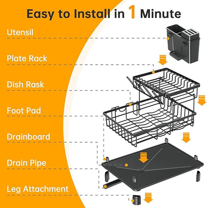 Dish Drying Rack, 2 Tier Dish Racks for Kitchen Counter, Compact Drying Rack Kitchen, Rust-Resistant Dish Drainer, Detachable Space-Saving Dish Rack with Drainboard, Utensil Holder, Black - Image 7