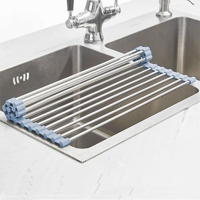 MECHEER Over The Sink Dish Drying Rack, Roll Up Dish Drying Rack Kitchen Dishes Rack Stainless Steel Sink Drying Racks, Foldable Dishes Drainer, Gray (17.5''x15.7'') - Image 4