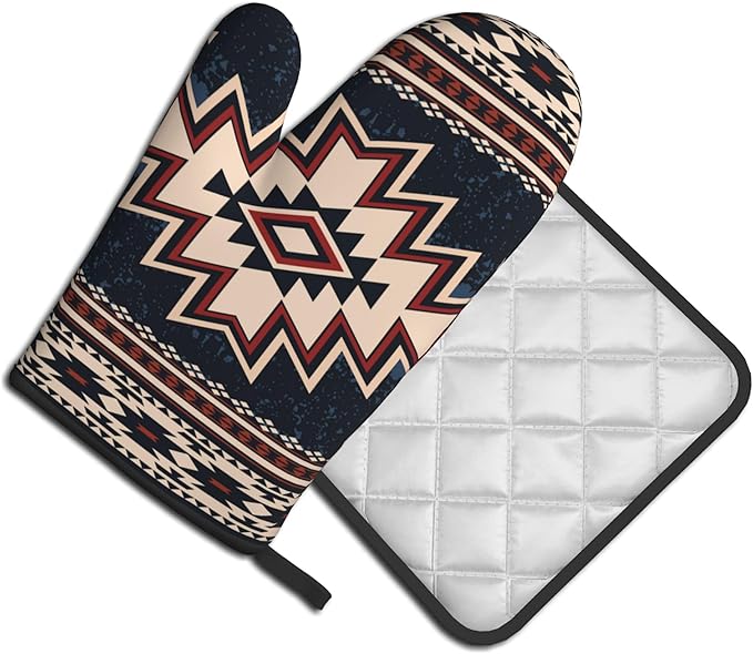 Oven Mitt and Pot Holders Sets - Boho Kitchen Mitts Decorative Tribal Oven Gloves Bohemian Hot Pads Set of 2 for Cooking BBQ Baking Grilling - Image 2