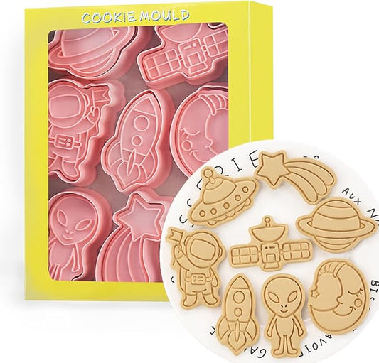 Outer-Space Cookie Cutters Set, 8-PCS 3D Astronaut, Alien, UFO, Satellite, Rocket, Moon, Meteor, Planet Cookie Cutters for Party Baking