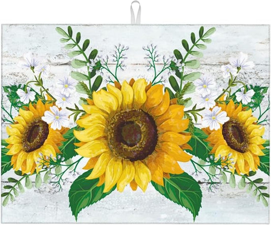 Sunflowers Dish Drying Mat XL Microfiber Kitchen Drying Mat Large Green Dish Drying Mats for Kitchen Counter Absorbent Quick Drying Pad 18x24 Inch