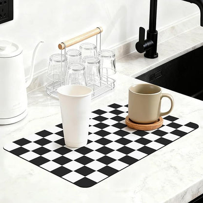 12" x 20" Checkered Dish Drying Mat for Kitchen Counter, Absorbent Coffee Bar Mat for Espresso Machine Coffee Countertops Accessories, Black by Unknown