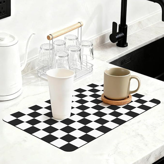 12" x 20" Checkered Dish Drying Mat for Kitchen Counter, Absorbent Coffee Bar Mat for Espresso Machine Coffee Countertops Accessories, Black by Unknown