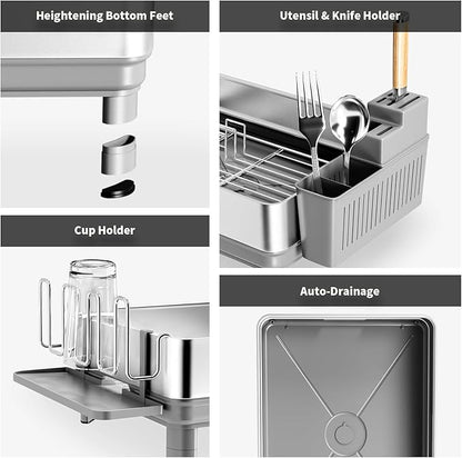 Ewaiira Dish Drying Rack, 304 Stainless Steel Dish Racks for Kitchen Counter, Dish Drainers with Automatic Drainage, Utensil Holder & Cups Holder, Space Saving Kitchen Organizer, Gray - Image 7