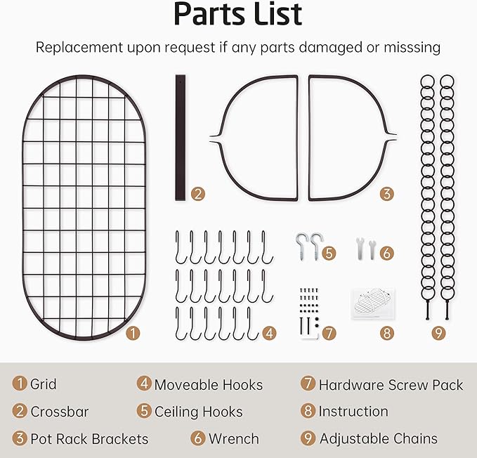 KES 34 Inch Oiled Bronze Hanging Pot Rack, Heavy Duty Oval Pot and Pan Hanging Rack Ceiling Mount, Pot Pan Hangers for Kitchen with 20 Hooks, (For 16" and 24" Joist Mount), KUR221S85-OB - Image 9