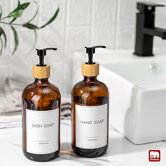 GMISUN Amber Glass Soap Dispenser, 2 Pack Bathroom Hand Soap Dispensers with Bamboo Pump, 17 Fl Oz Kitchen Hand and Dish Soap Dispenser Set, Modern Vintage Liquid Brown Soap Dispensers Bottle - Image 4