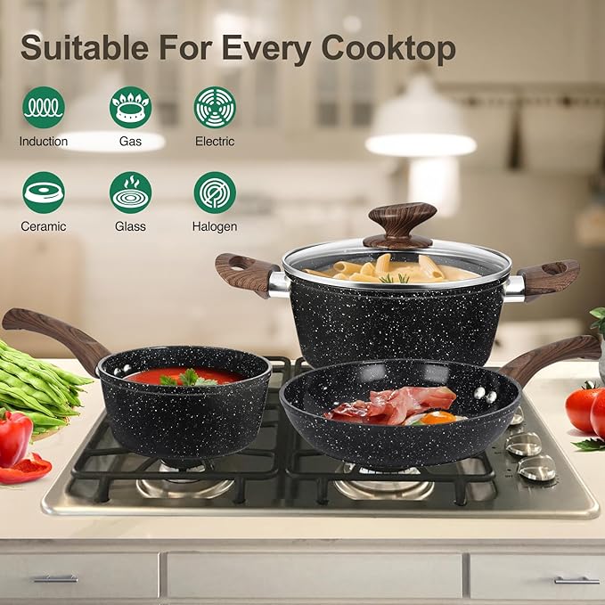 M MELENTA Pots and Pans Set Non Stick, 12pcs Black Ceramic Cookware Set, Non-toxic Induction Cookware Kitchen Cooking Set, PFAS and PFOA Free