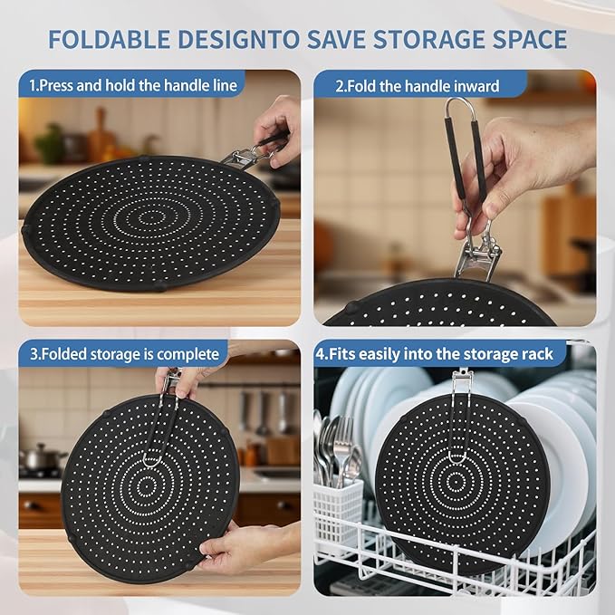 Splatter Screen Compatible with Hexclad,Heat Resistant Silicone with Folding Handle,Grease-Free Cooking,Dishwasher Safe,12.5 Inches,Black - Image 6