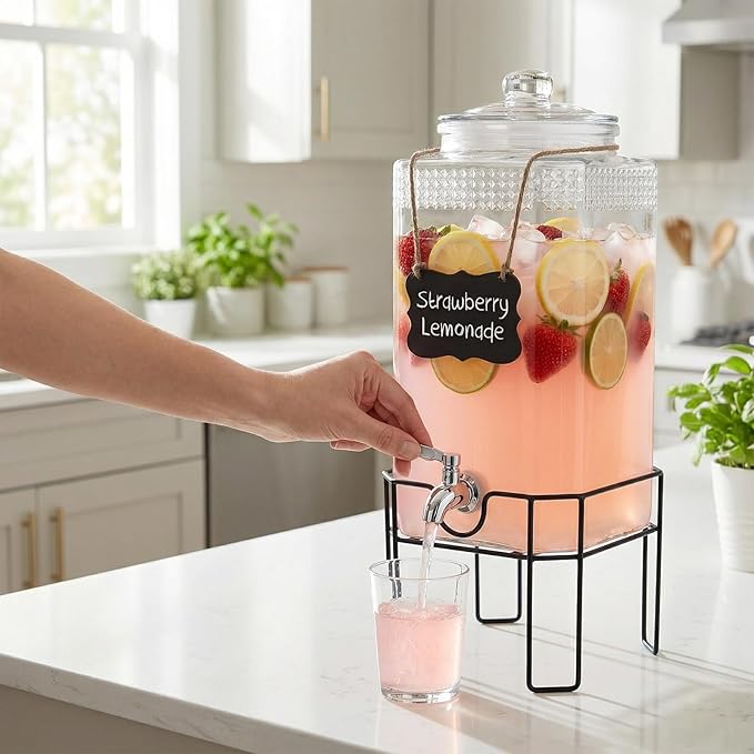 1.5 Gallon Glass Drink Dispenser, Drink Dispensers for Parties, Beverage Dispenser with Stand and Glass Lid, 100% Leakproof Spigot, Ideal for Lemonade, Juice, Iced Tea, Laundry Detergent - Image 2