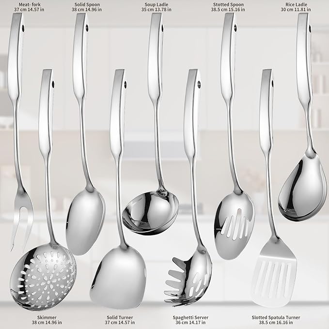 9PCS Silverware Set for 304 Stainless Steel Kitchen Utensils Set Cooking Utensil Set, 15 Inches All Metal Cooking Tools Wok Kitchen Cookware Set with Spatula Useful Pots and Pans Accessories - Image 2