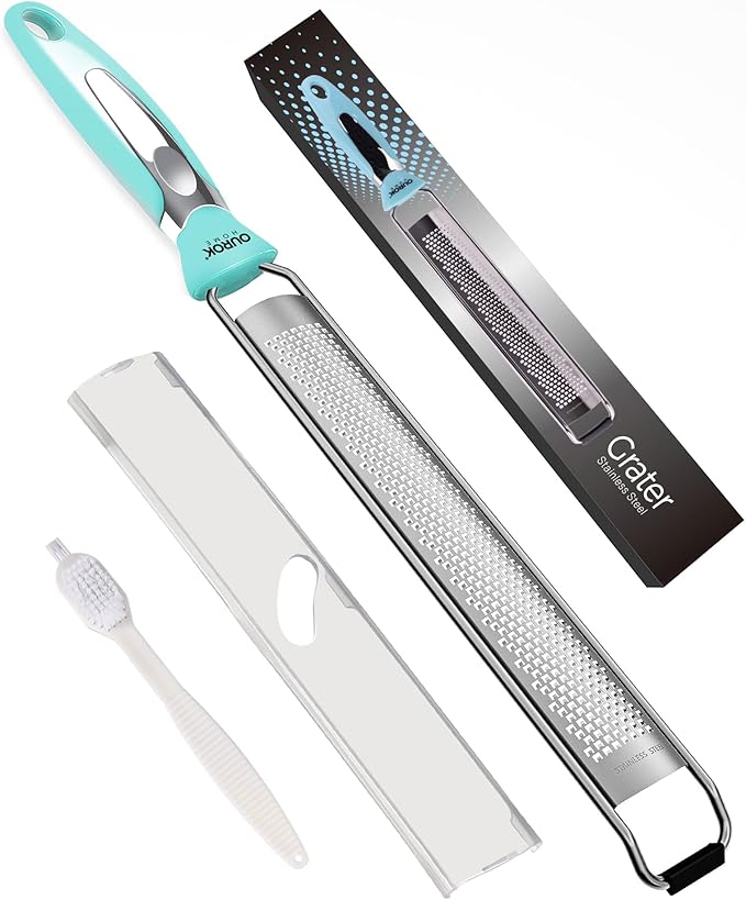 Ourokhome Kitchen Lemon Zester, Stainless Steel Hand Held Parmesan Cheese Grater for Ginger, Chocolate, Coconut, Lime, Nutmeg, Citrus, Fruit, Vegetable with Cleaning Brush, Dishwasher safe, Blue by Ourokhome