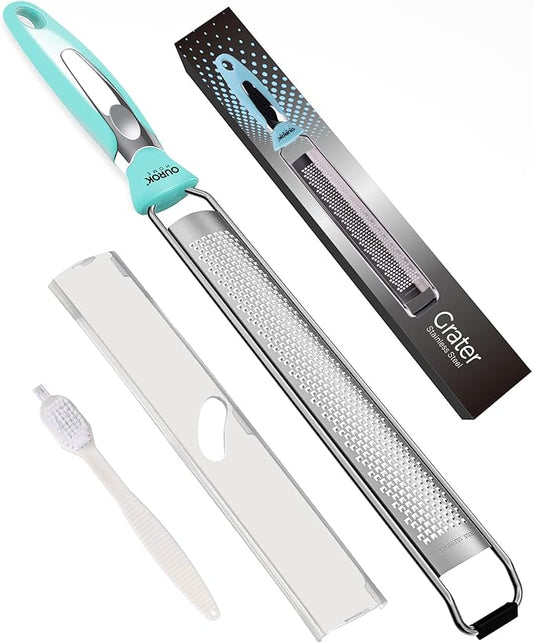 Ourokhome Kitchen Lemon Zester, Stainless Steel Hand Held Parmesan Cheese Grater for Ginger, Chocolate, Coconut, Lime, Nutmeg, Citrus, Fruit, Vegetable with Cleaning Brush, Dishwasher safe, Blue by Ourokhome