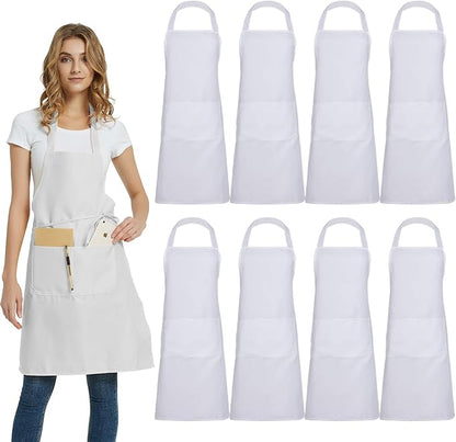 DUSKCOVE 8 Pack Bib Aprons Bulk - Unisex White Commercial Apron with 2 Pockets for Kitchen Crafting BBQ Drawing Cooking by DUSKCOVE