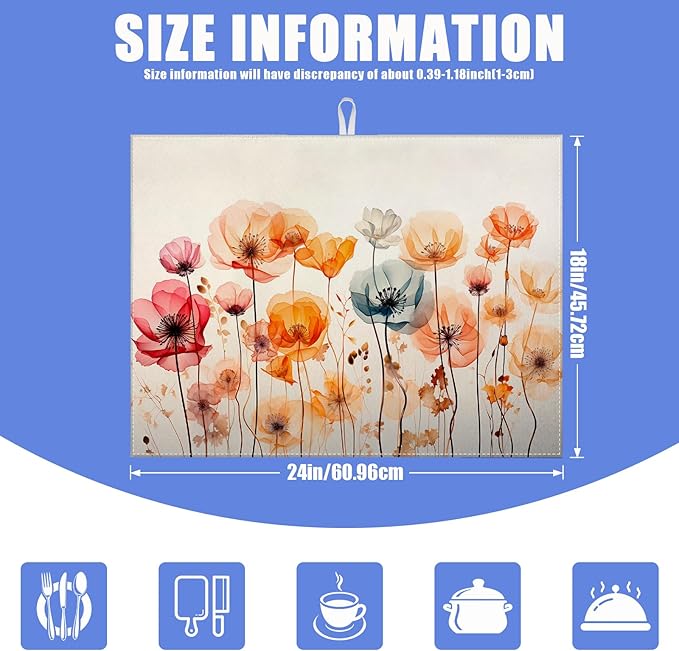 Poppy Dish Drying Mat for Kitchen Counter Wild Flower Drying Pad Absorbent Reversible Dish Drainer Rack Mats Draining Pad 18"x24"Inch - Image 2