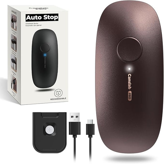 Canslab Ultrablade PRO Auto Stop USB Rechargeable Can Opener for Kitchen for Seniors with Arthritis, Long Battery Life, Handfree One Touch, Side Cut for Smooth Edge, Wall Mounted Small Size, Brown by Canslab