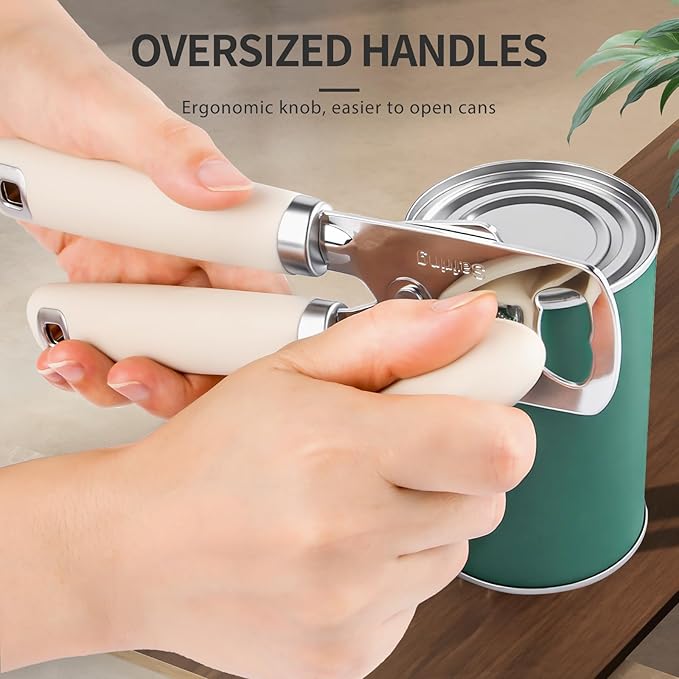 Safring Can Opener Manual, Heavy Duty Stainless Steel Smooth Edge Can Openers With Soft Touch Handle, Oversized Handheld Easy Turn Knob, Multi-Function Bottle Opener, Beige