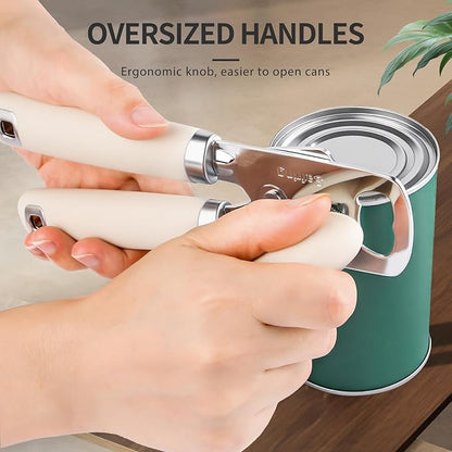 Safring Can Opener Manual, Heavy Duty Stainless Steel Smooth Edge Can Openers With Soft Touch Handle, Oversized Handheld Easy Turn Knob, Multi-Function Bottle Opener, Beige