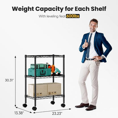 DUMOS 3-Tier Metal Wire Storage Shelves, Adjustable Standing Storage Rack Shelf with Wheels, Heavy Duty Steel Shelving Unit Organizers for Kitchen Bathroom Pantry Garage, 23.1"W×13.4"D×30.2"H, Black