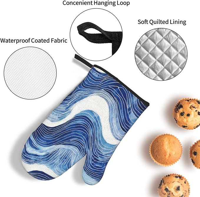 Blue and White Ocean Wave Oven Mitts and Pot Holders Sets of 3, Heat Resistant Non-Slip Washable Coastal Blue White Kitchen Gloves Hot Pads Gift for Baking Cooking Grilling Enthusiasts, Kitchen Decor - Image 6