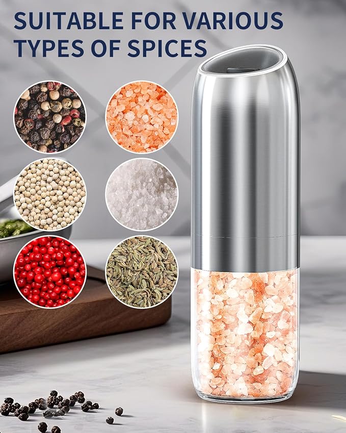 CIRCLE JOY Gravity Electric Salt and Pepper Grinder Set, Battery Powered Automatic Pepper Mills with Adjustable Coarseness, One Hand Operation, 176ml Large Container, Silver - Includes 8 Batteries - Image 6