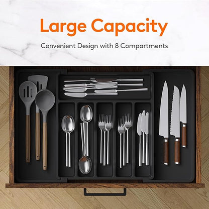 Lifewit Silverware Drawer Organizer, Expandable Utensil Tray for Kitchen, BPA Free Flatware and Cutlery Holder, Adjustable Plastic Storage for Spoons Forks Knives, 13-22 x 15", Black - Image 2
