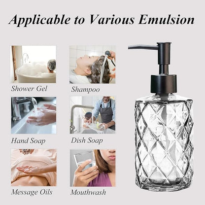 12Oz Small Glass Soap Dispenser with Black Plastic Pump, Clear Refillable Kitchen Countertop Liquid Hand Soap Dispensers with Diamond Design, Crystal Bathroom Lotion Bottle for Dispense Dish Soap