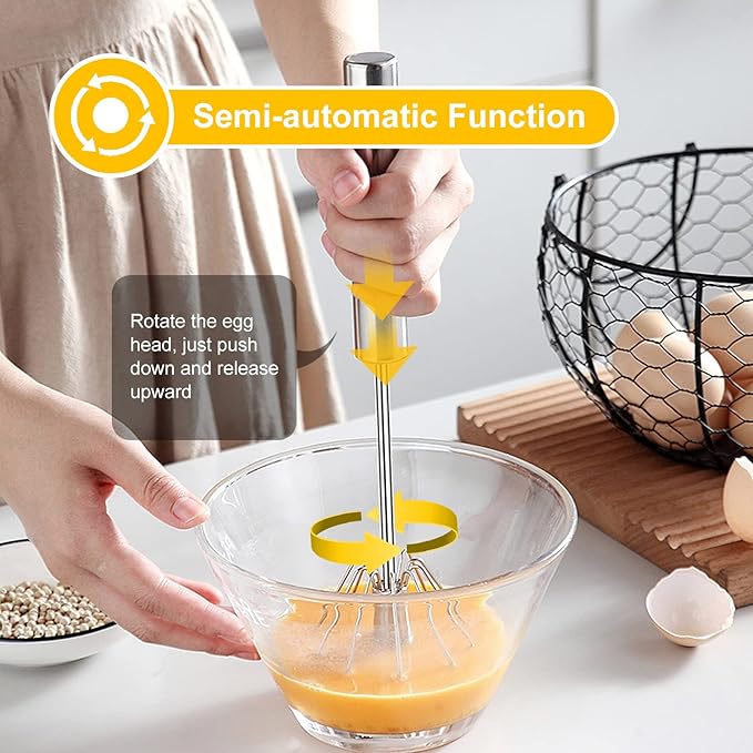 Egg Beater, Hand Easy Whisk Stainless Steel Hand Push Egg Beater Manual Mixer Blender for Home Kitchen Tool Whisking, Beating & Stirring (12 Inch) - Image 3
