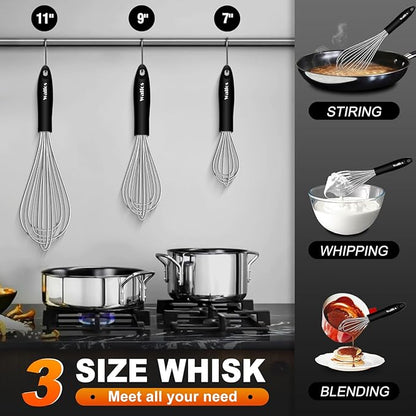 Stainless Steel Wire Whisk Set - 3 Packs Balloon Whisk, Thick Wire Wisk ＆ Strong Handles, Egg Frother for Cooking, Blending, Whisking, Beating and Stirring (7"+9"+11") - Image 7