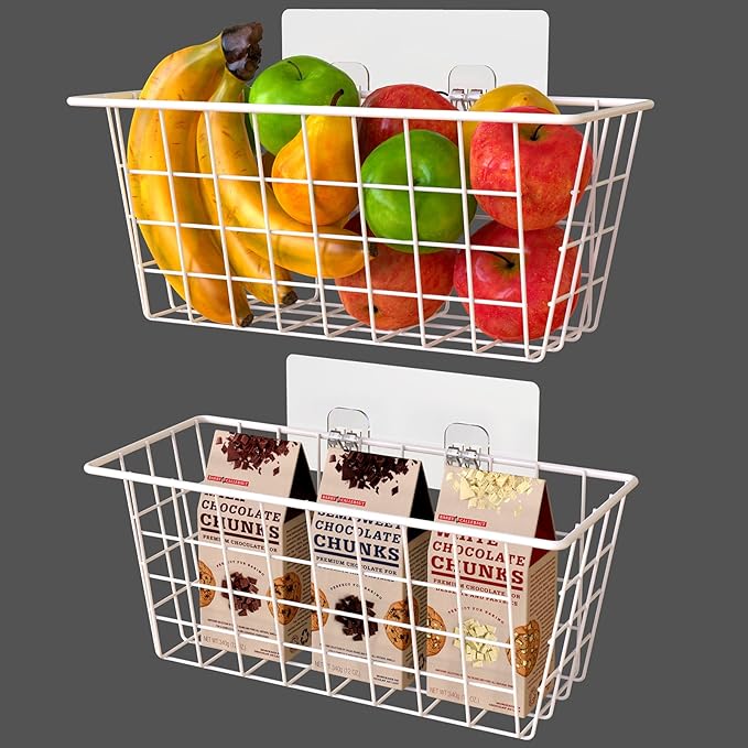 MaraFansie Wall Wire Baskets Bin No Drilling Adhesive Hanging Baskets Wall Mounted for Cabinet & Pantry Organization and Kitchen, Bathroom, Bedroom Storage, 2 Pack, White - Image 8