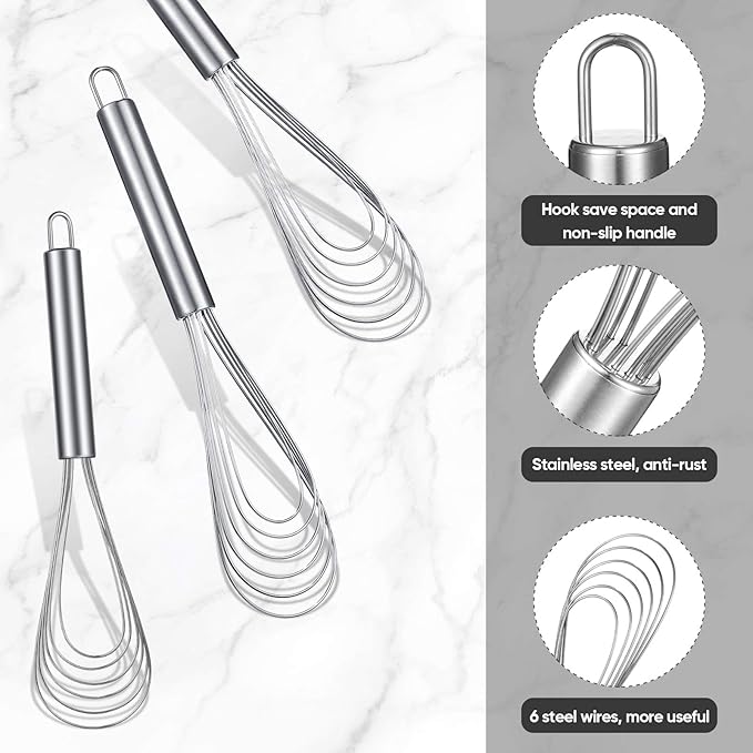 Patelai 3 Pieces Stainless Steel Kitchen Flat Whisk Set Stainless Steel Flat Wire Egg Utensils Whisk for Cooking Blending Whisking Beating(8 Inch,10 Inch,11.6 Inch) - Image 4