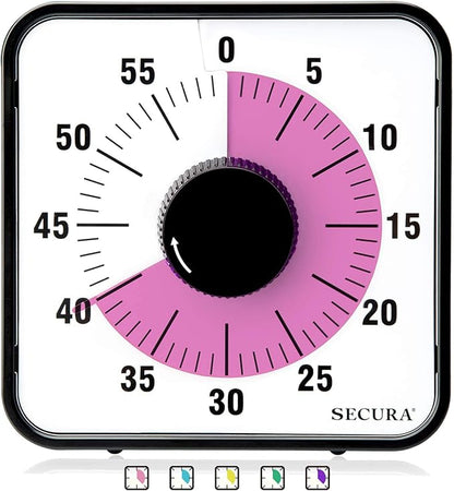 Secura 60-Minute Visual Countdown Timer, 7.5-Inch Oversize Classroom Visual Timer for Kids and Adults, Durable Mechanical Kitchen Timer Clock with Magnetic Backing (Peony Color) by Secura