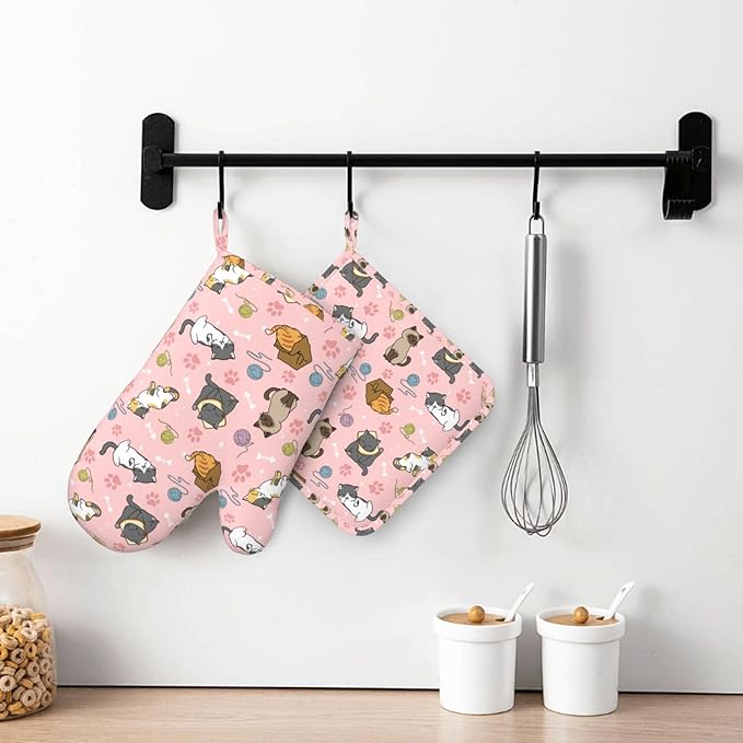 Cute Cats Oven Mitts and Pot Holders Sets Heat Resistant Non-Slip Silicone Oven Gloves Kitchen Accessories for Cooking Baking Grilling BBQ
