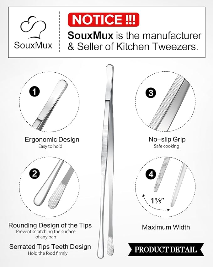 2 Pcs 12-inch Cooking Tweezers Tongs Precision Serrated Tips, Stainless Steel Professional Chef Tweezer Kitchen Tools for BBQ, Plating and Serving（Silver） - Image 2